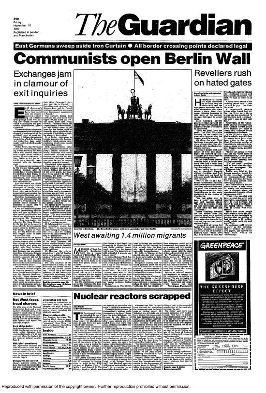 تعلن الصفحة الأولى عن نقطة تحول أوروبية عظيمة1989