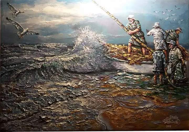 لوحة فنية لصيادين السمك