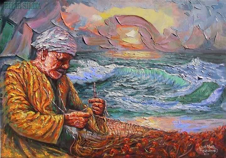 لوحة لصياد يغزل شباك الصيد