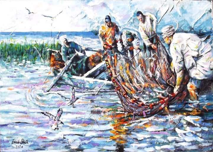 لوحة فنية تجسد رحلة صيد