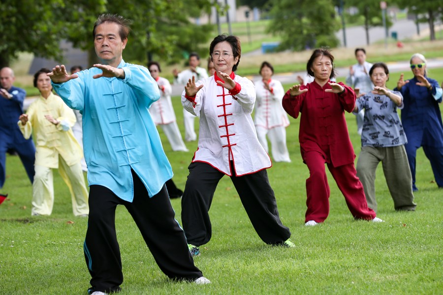 أشخاص يمارسون رياضة تاي جي في متنزه لاكن