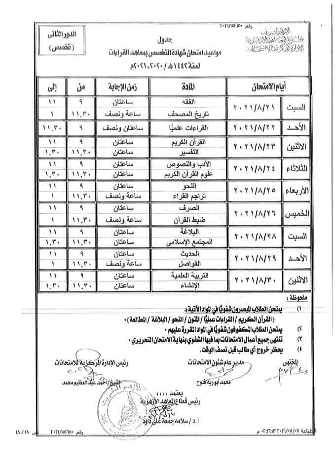 جدول امتحانات الدور الثانى لسنوات النقل بالأزهر (14)