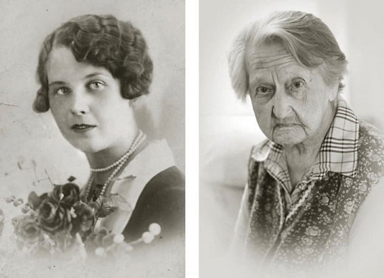 آنا فاشينوفا.. اليسار 22 سنة (بعد الزفاف) ، 102 سنة على اليمين