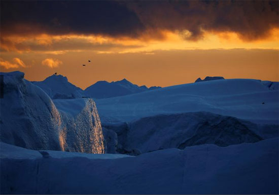 جبال جليدية أمام غروب الشمس في خليج ديسكو بالقرب من إيلوليسات
