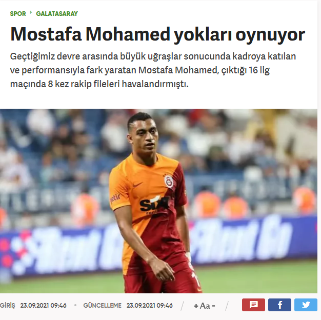 Spor Haber criticizes Mustafa Muhammad's performance with Galata Saray