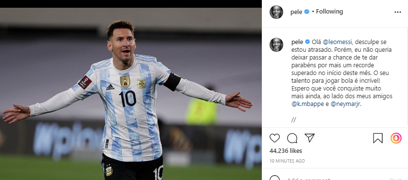 Pele congratulates Messi