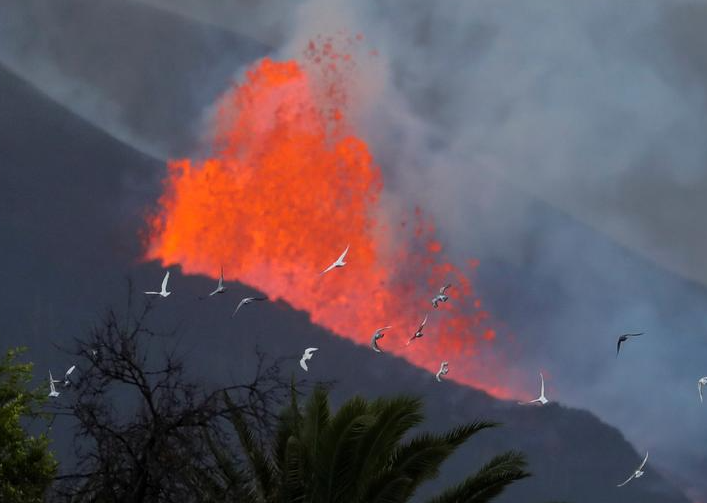 يطير الحمام عند الفجر أمام الحمم البركانية والدخان بعد ثوران بركان في جزيرة لا بالما الكناري في إل باسو بإسبانيا