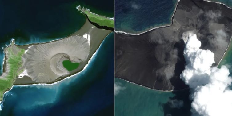 Il più forte degli ultimi 30 anni. Le immagini satellitari mostrano gli effetti prima e dopo l’eruzione del vulcano Tonga