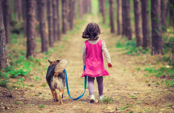 طفل تسير مع كلبها