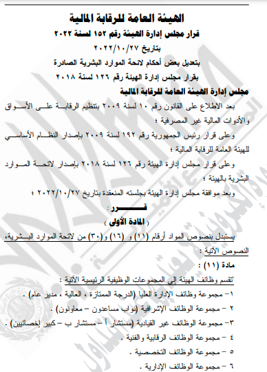 قرار هيئة الرقابة المالية بتعديل بعض أحكام لائحة الموارد البشرية