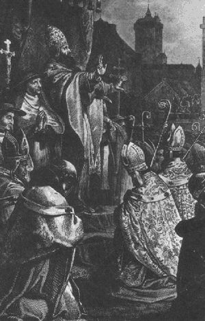 البابا اوربان الثاني يدعو إلى الحملة الصليبية الأولى في مجلس كلرمونت.