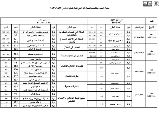 جدول امتحان الفصل الدراسى الاول2022-2023