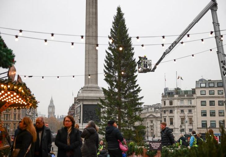 عمال يضعون أضواء على شجرة عيد الميلاد في ميدان ترافالغار في لندن