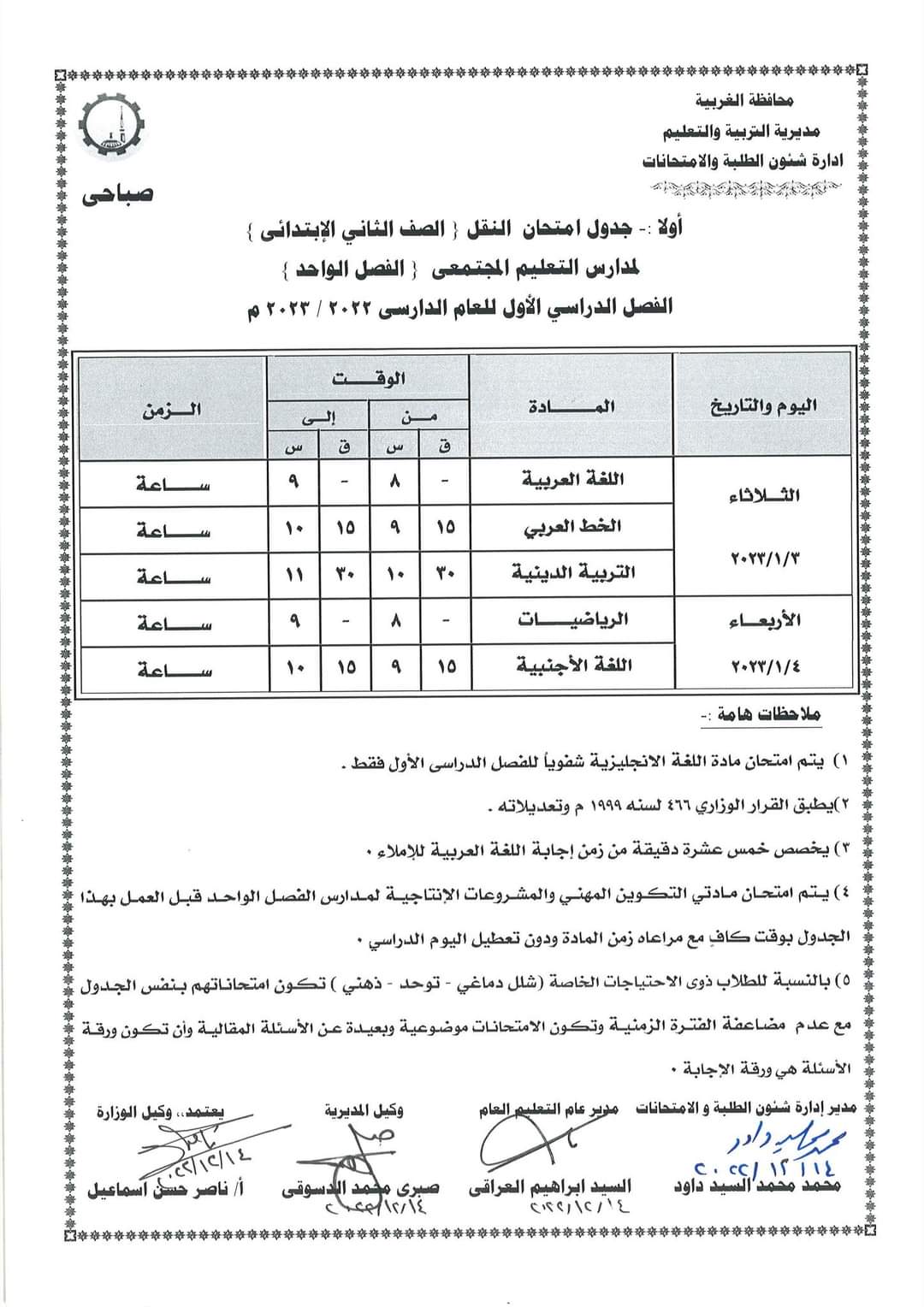 جداول امتحانات الفصل الدراسى الأول لصفوف النقل (1)