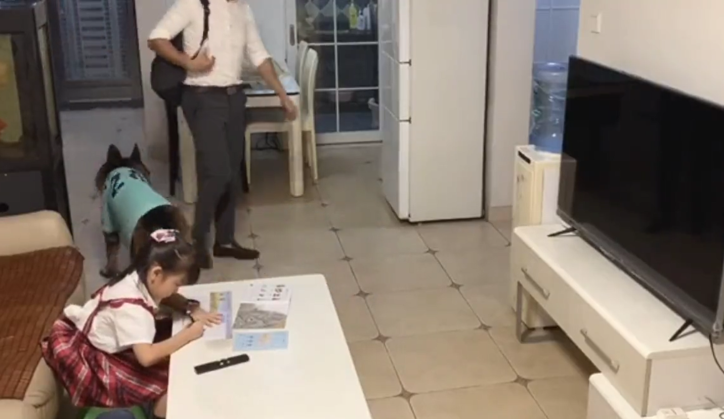 الطفلة تتظاهر بالمذاكرة بعد وصول أبيها
