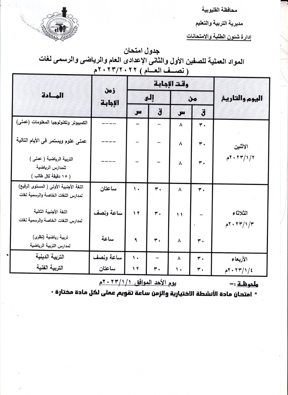 جدول امتحان المواد العملية للصفين الأول والثاني الإعدادي
