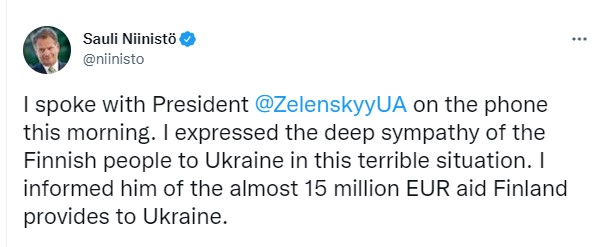 تغريده الرئيس الفنلندى عن مساعدات بلاده لأوكرانيا