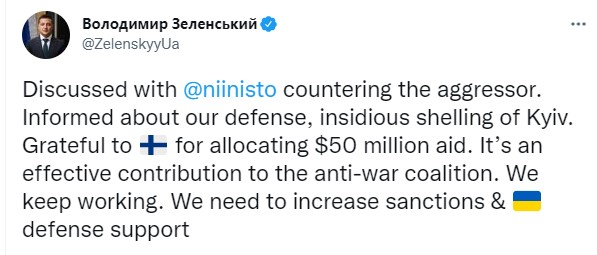 تغريده الرئيس الأوكرانى عن مساعدات فنلندا لبلاده