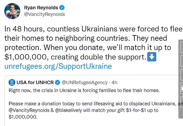 ريان رينولدز على تويتر يأكد دعمهم لاجئى أوكرانيا