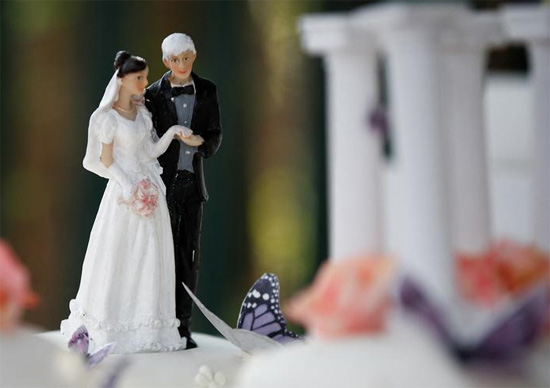 منظر يُظهر تماثيل صغيرة على كعكة زفاف في يوم زفاف مؤسس ويكيليكس