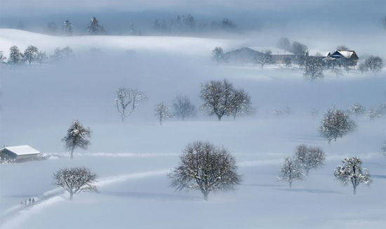 المناظر الطبيعية المغطاة بالثلوج بالقرب من مدينة مينزنجين سويسرا