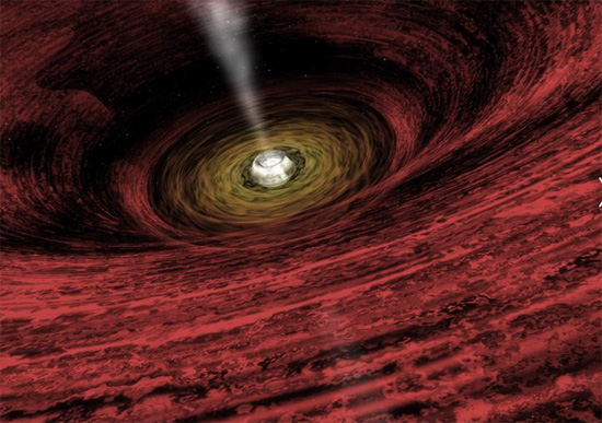انطباع فنان عن وجود ثقب أسود هائل متنامي يقع في بدايات الكون.