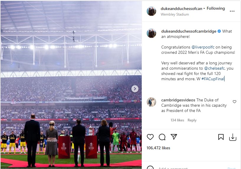 Prince William congratulates Liverpool on winning the FA Cup