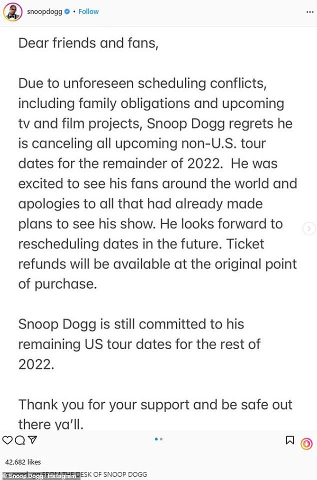 بيان سنوب دوج لإلغاء حفلاته فى أستراليا