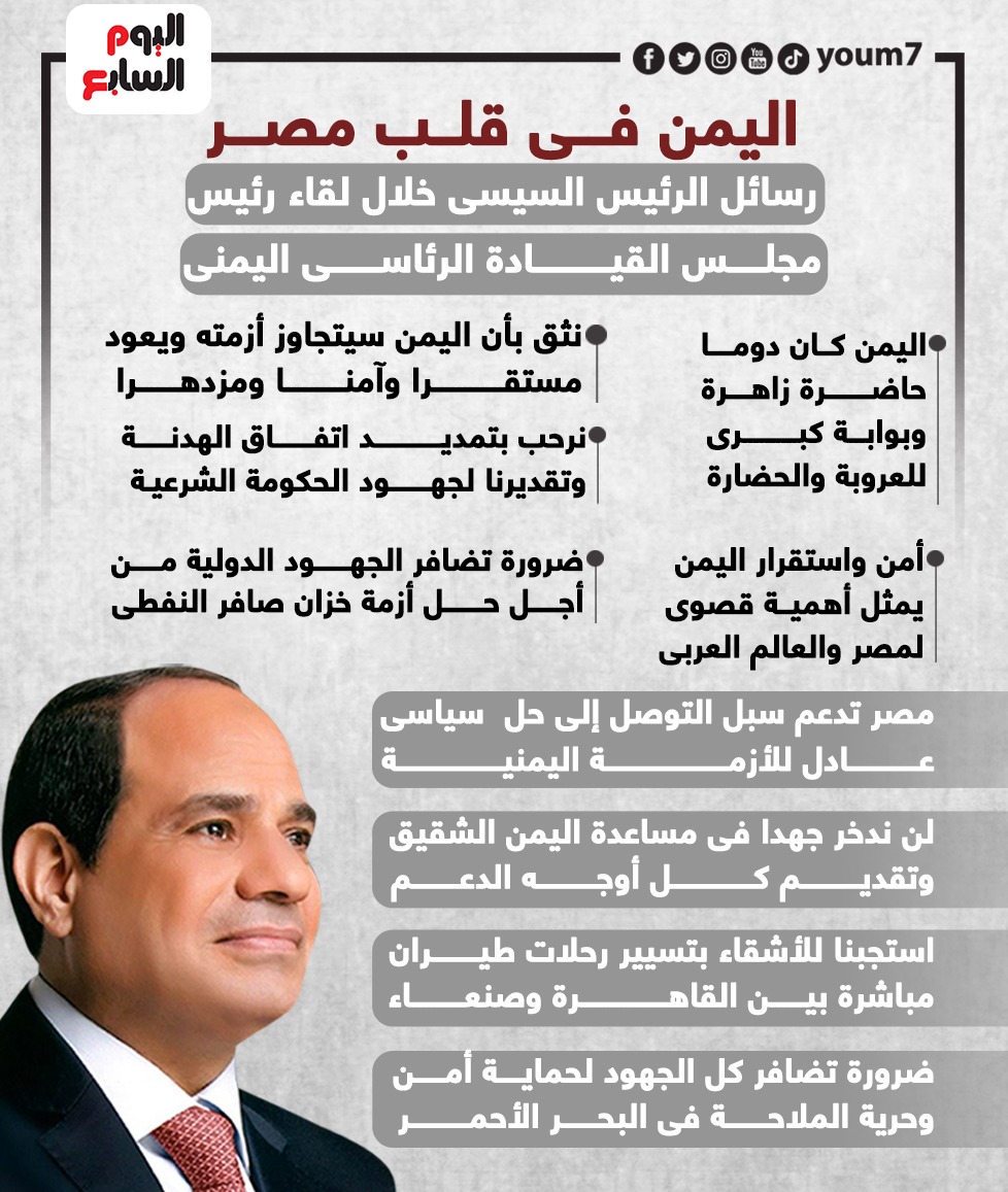 رسائل الرئيس السيسى خلال لقاء رئيس مجلس القيادة الرئاسى اليمنى