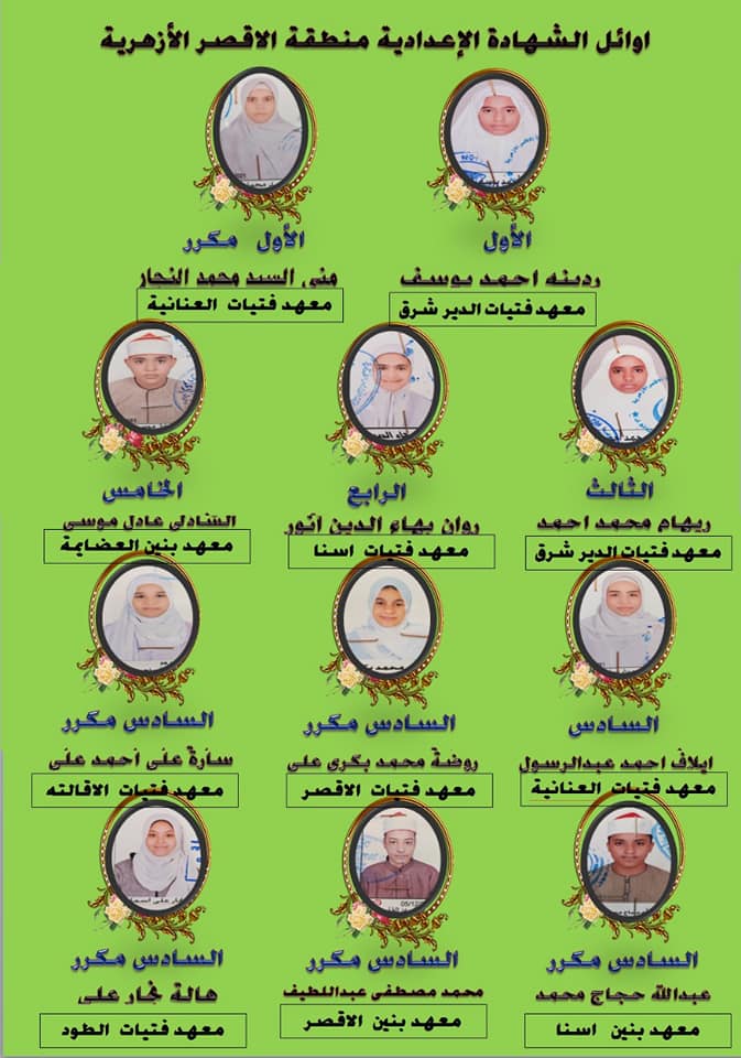 قائمة أوائل الشهادة الإعدادية بالمعاهد الأزهرية قائمة أوائل الشهادة الإعدادية بالمعاهد الأزهرية