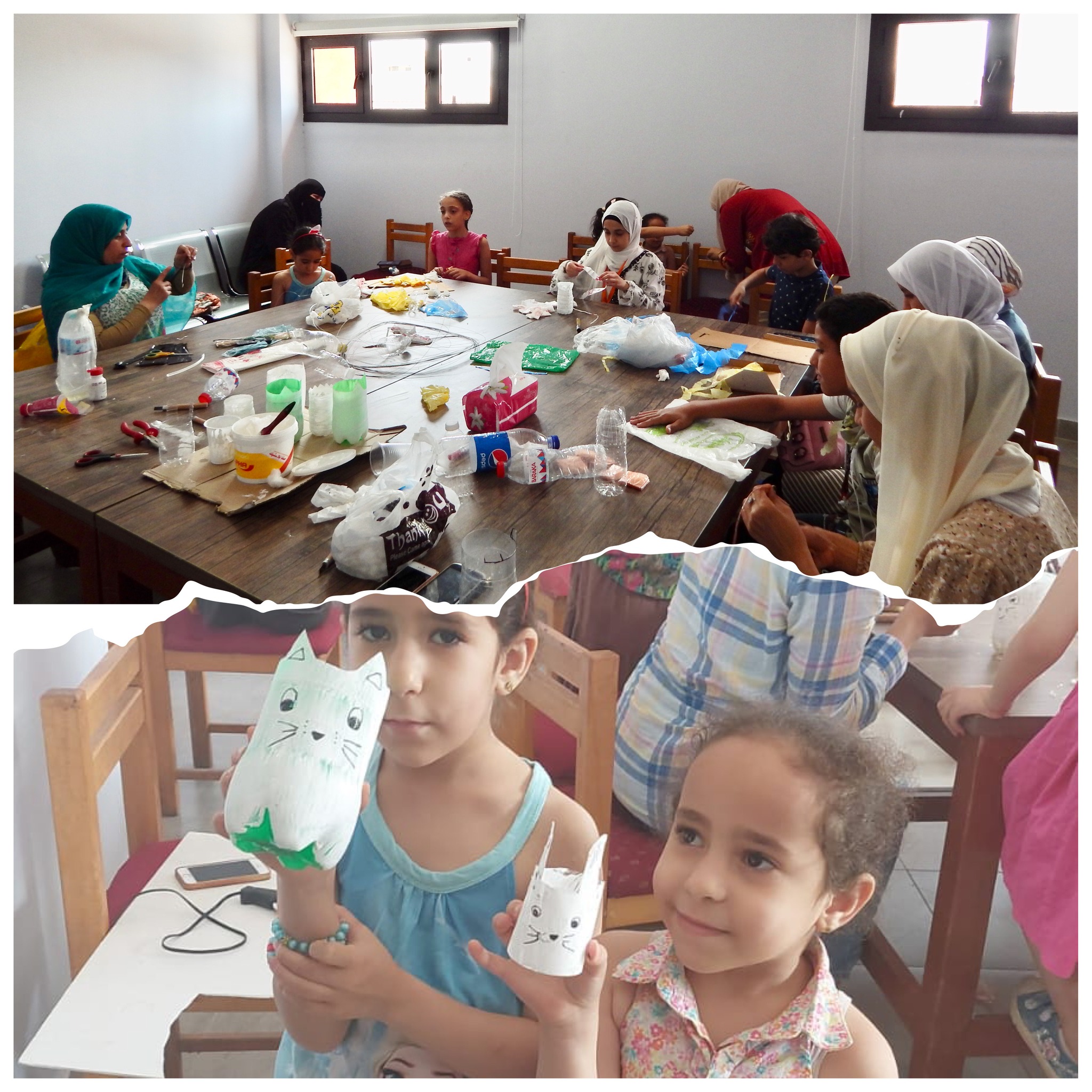 الاطفال يشاركون في ورشة لاعادة تدوير البلاستيك