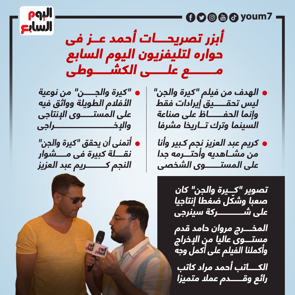 أبزر تصريحات أحمد عز فى حواره لتليفزيون اليوم السابع مع على الكشوطى
