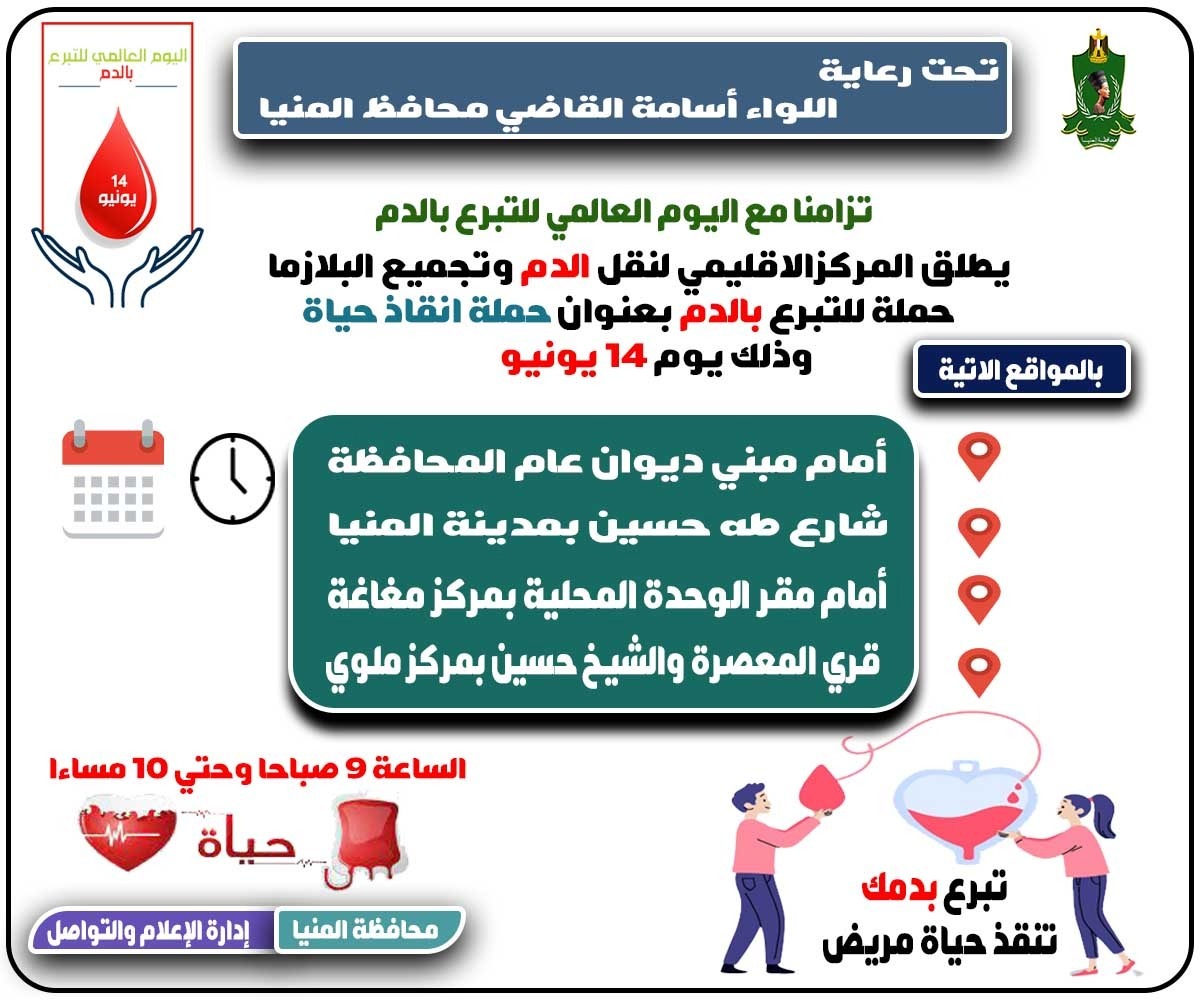 محافظة المنيا تطلق حملة إنقاذ حياة للتبرع بالدم