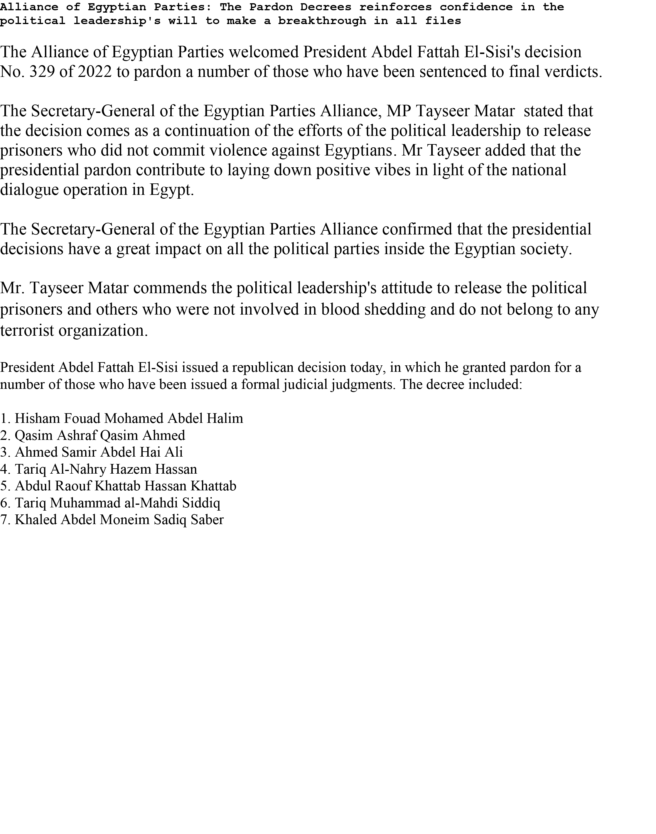 تحالف الأحزاب المصرية يصدر بيانا باللغة الإنجليزية يرحب فيه بقرارات العفو الرئاسي