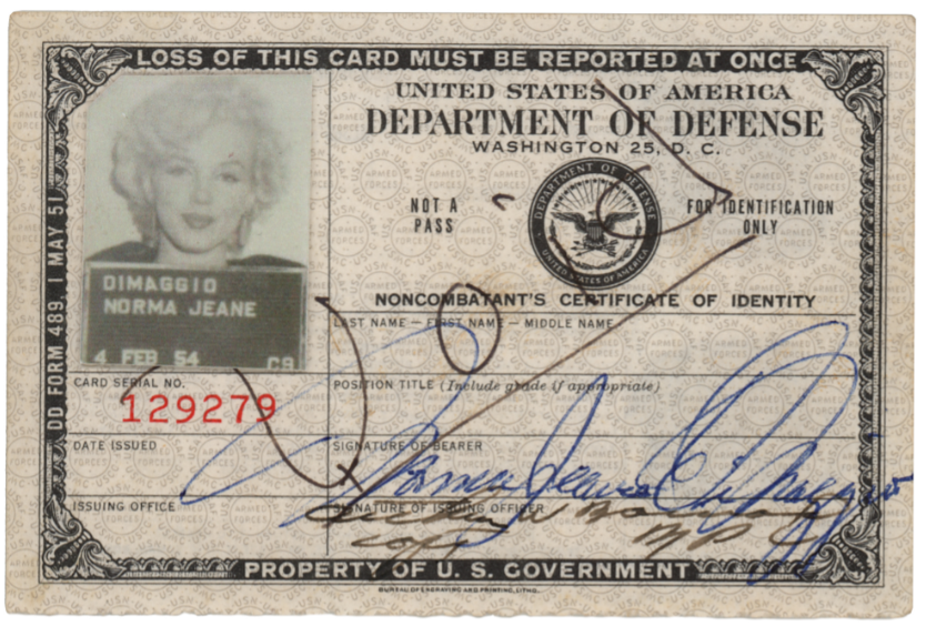 بطاقة هوية مارلين مونرو أصدرها الجيش الأمريكى