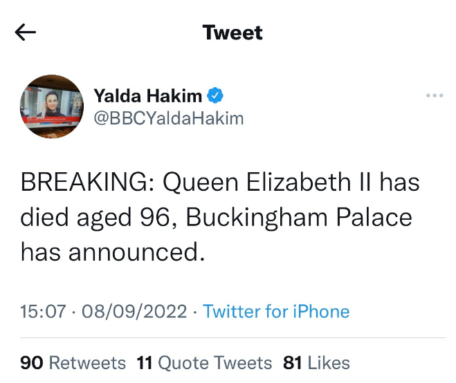 تغريدة اعلان وفاة الملكة اليزابيث الثانية