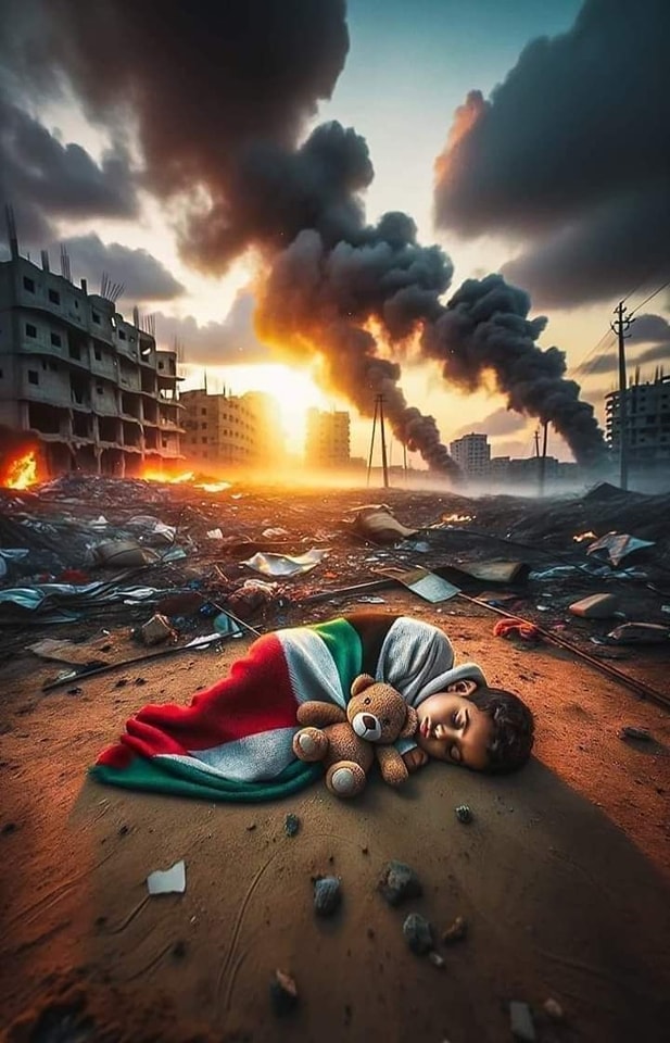 صورة منظمة العفو الدولية لطفل فلسطيني نائم مغطى بالعلم الفلسطيني