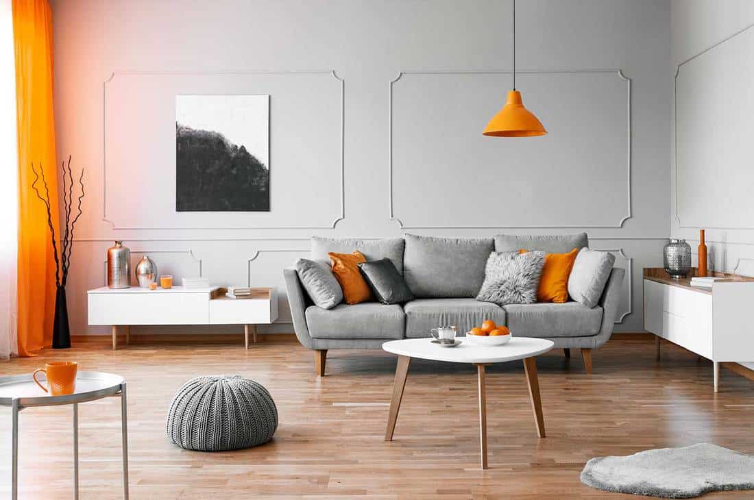 غرفة المعيشة باللون البرتقالي والرمادي