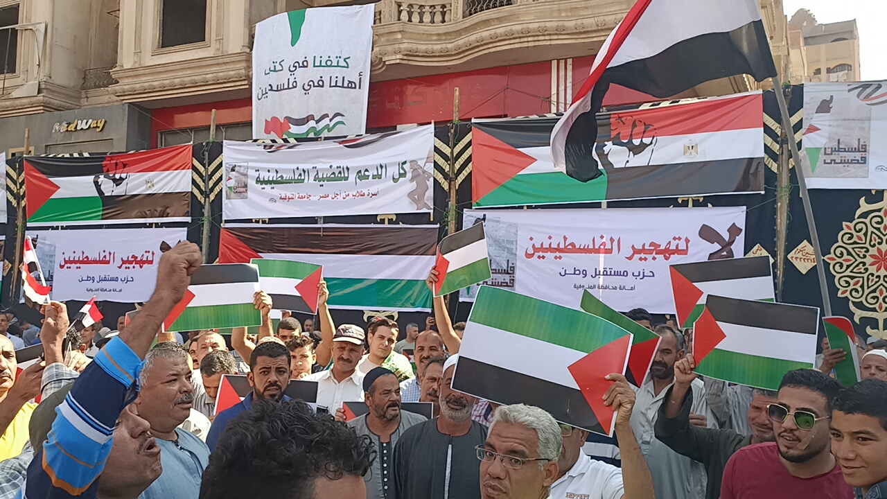 أهالى المنوفية يوزعون أعلام مصر وفلسطين على المشاركين فى الوقفة التضامنية مع الأشقاء الفلسطينيين  (2)