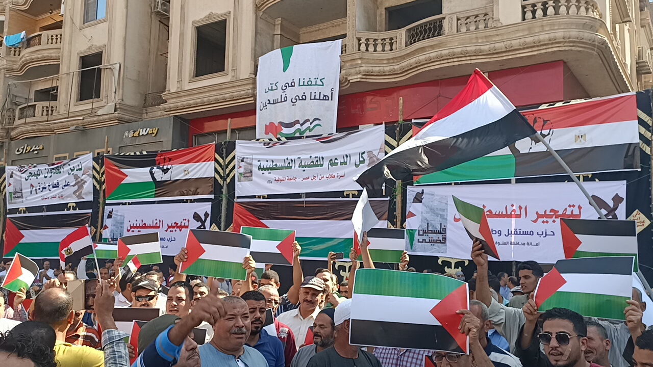 أهالى المنوفية يوزعون أعلام مصر وفلسطين على المشاركين فى الوقفة التضامنية مع الأشقاء الفلسطينيين  (3)