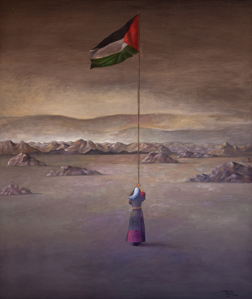 لوحة لمرأة رافعة علم فلسطين
