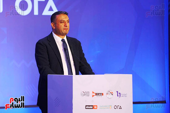 هيثم عبد العظيم رئيس شركة أورا في مؤتمر بث مباريات منتخب مصر