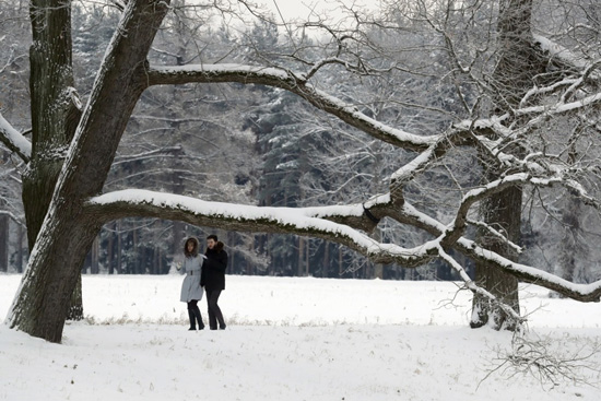 أشخاص يسيرون في حديقة كاثرين المغطاة بالثلوج