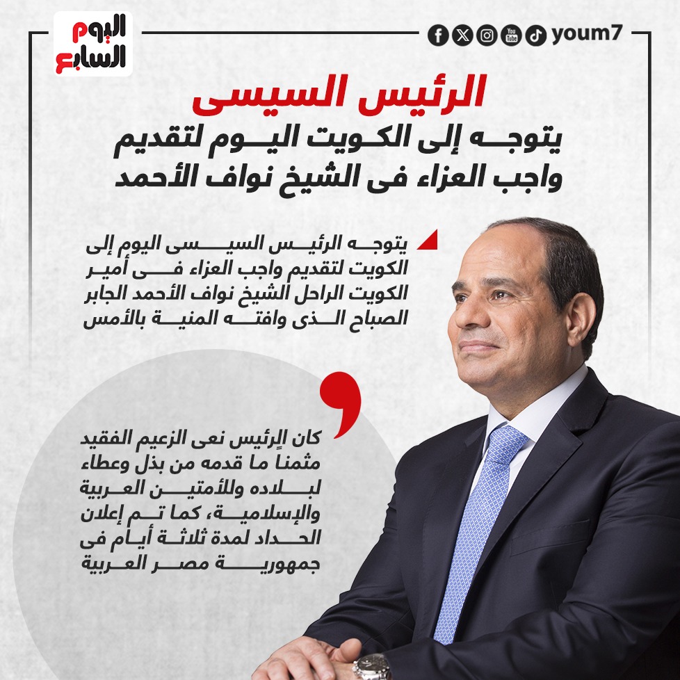 الرئيس السيسى يتوجه إلى الكويت اليوم لتقديم واجب العزاء فى الشيخ نواف الأحمد