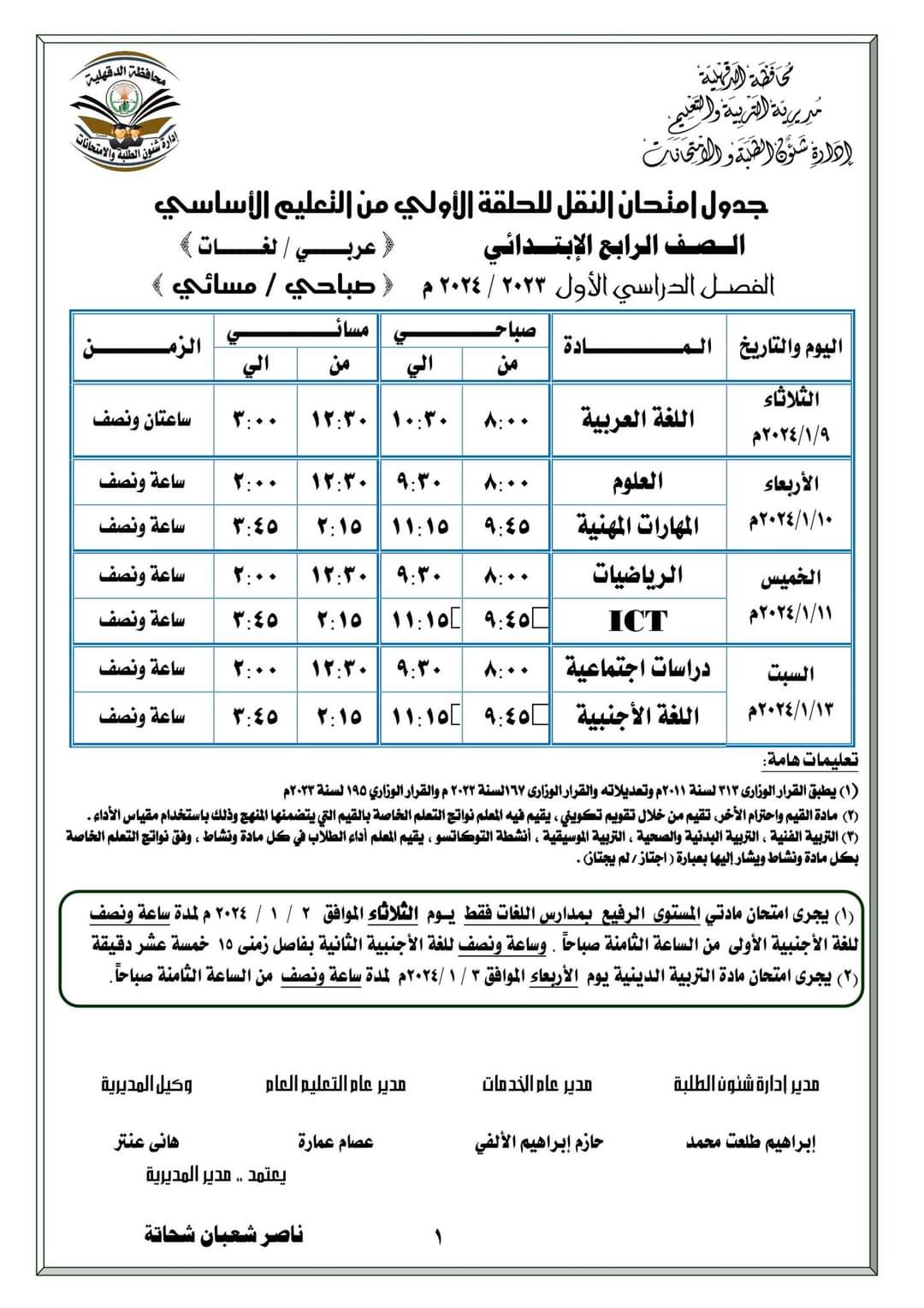 جدول الصف الرابع الإبتدائي عربي ولغات