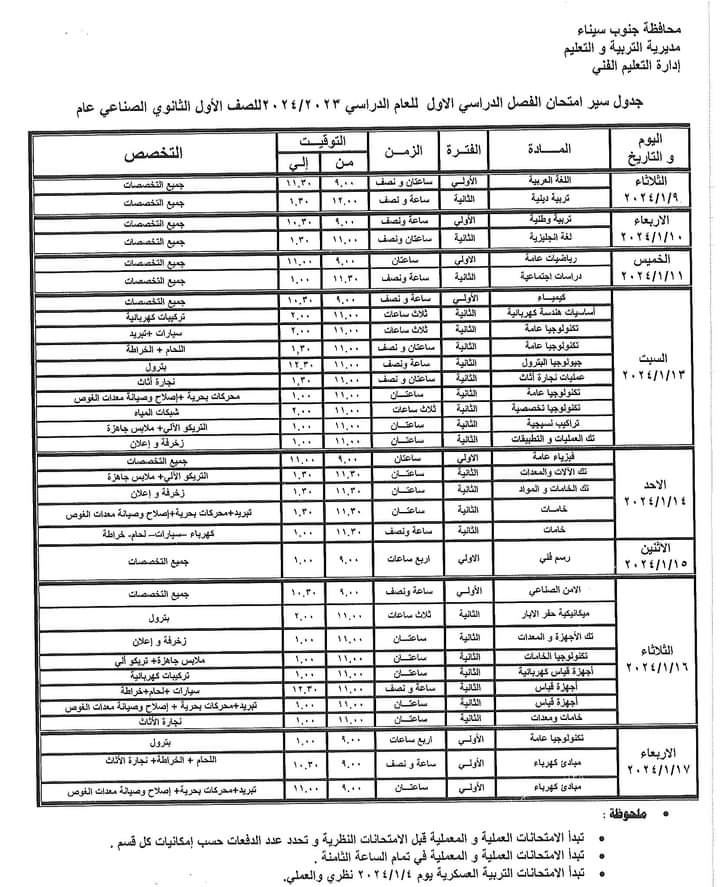 جدول امتحانات الفصل الدراسي الأول بمحافظة جنوب سيناء (12)