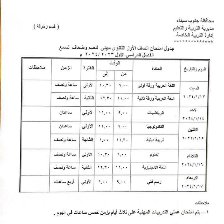 جدول امتحانات الفصل الدراسي الأول بمحافظة جنوب سيناء (11)