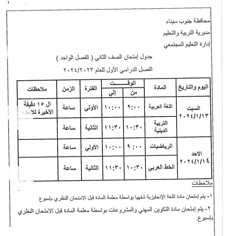 جدول امتحانات الفصل الدراسي الأول بمحافظة جنوب سيناء (3)
