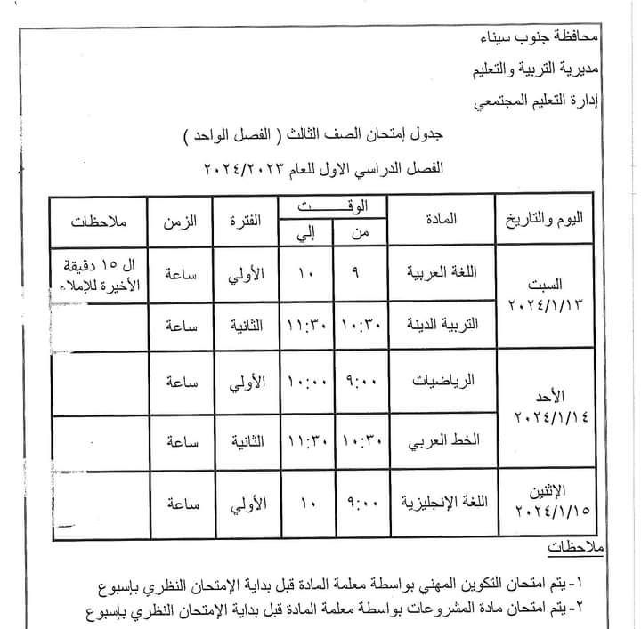 جدول امتحانات الفصل الدراسي الأول بمحافظة جنوب سيناء (4)