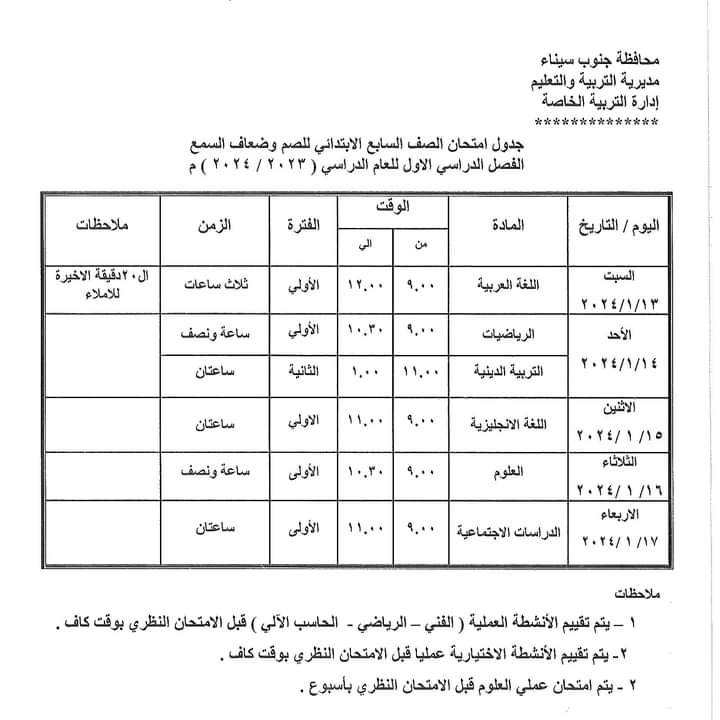 جدول امتحانات الفصل الدراسي الأول بمحافظة جنوب سيناء (6)